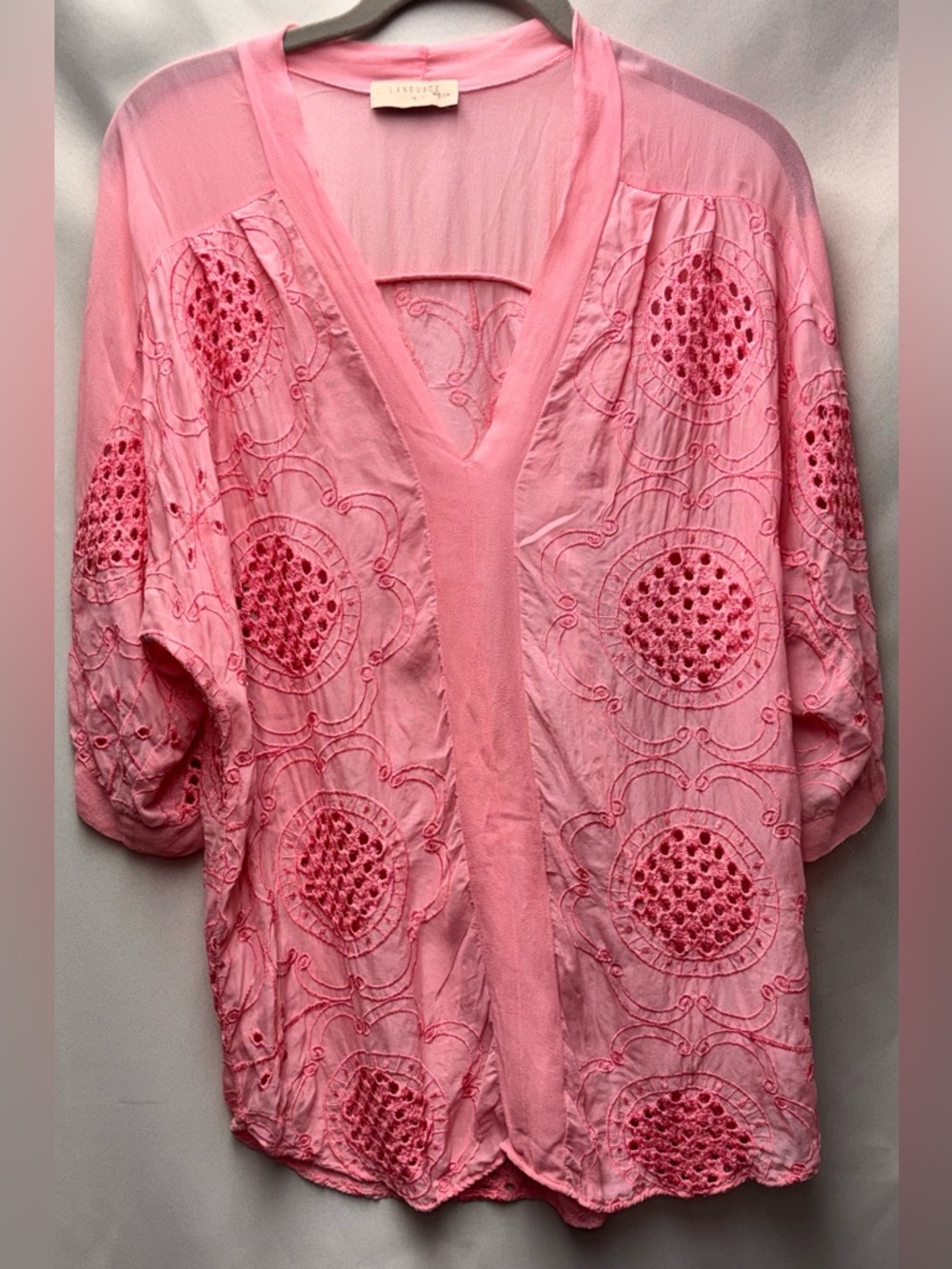 Language Silk Semi-Sheer & Embroidered Eyelet Top Peach Color Size Medium